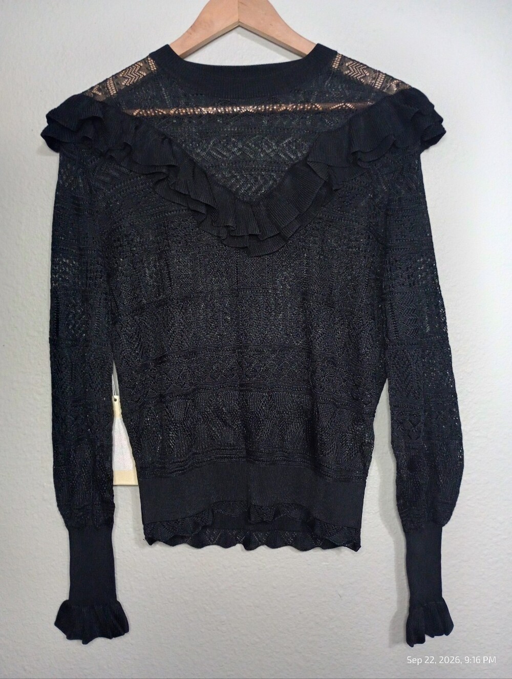 Ronny Kobo Terese Knit Sheer Ruffled Sweater in Black